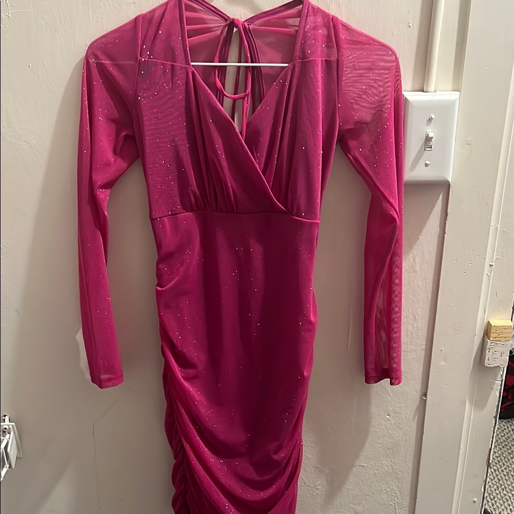Pink Ruched Wrap Long Sleeve Dress